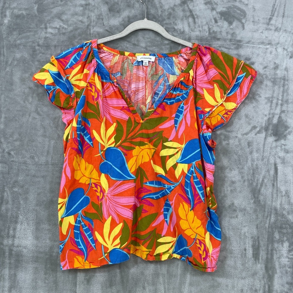 Calligraphie Women's Blouse 2X Linen Blend Bright Flounce Sleeve Tropical Orange